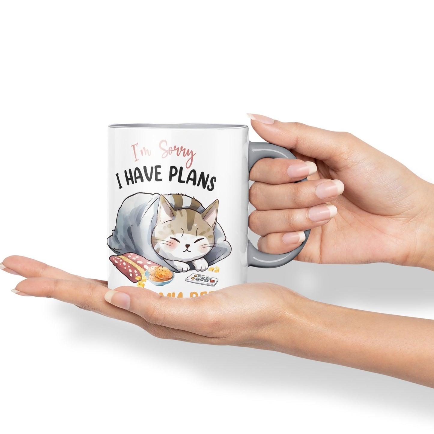 I'm Sorry, I Have Plans with My Bed, cat Sarcastic Joke Ceramic Coloured Mug Cup for Tea Coffee Hot Brew 330ml 11Oz