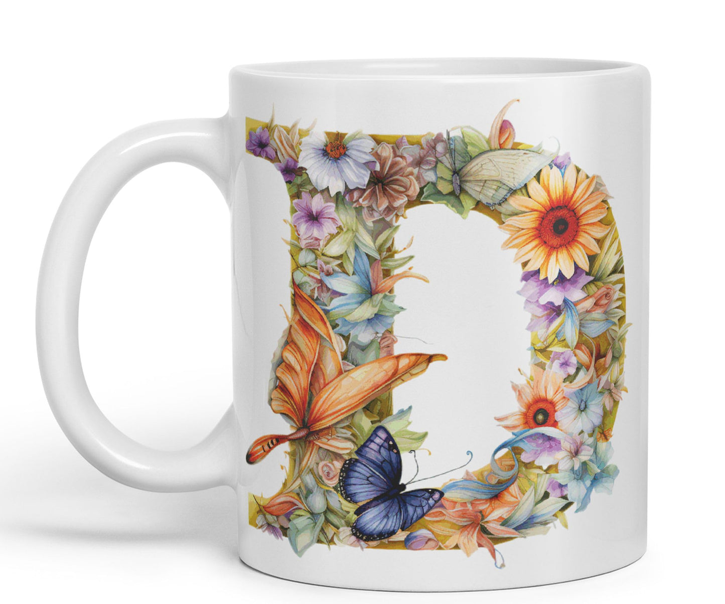 Letter D mug, Floral flowers butterfly Alphabet Letter D Monogram watercolour Ceramic Coloured Mug Cup for Tea Coffee Hot brew 330ml 11Oz Gift