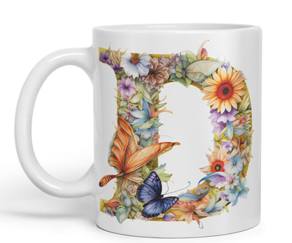 Letter D mug, Floral flowers butterfly Alphabet Letter D Monogram watercolour Ceramic Coloured Mug Cup for Tea Coffee Hot brew 330ml 11Oz Gift