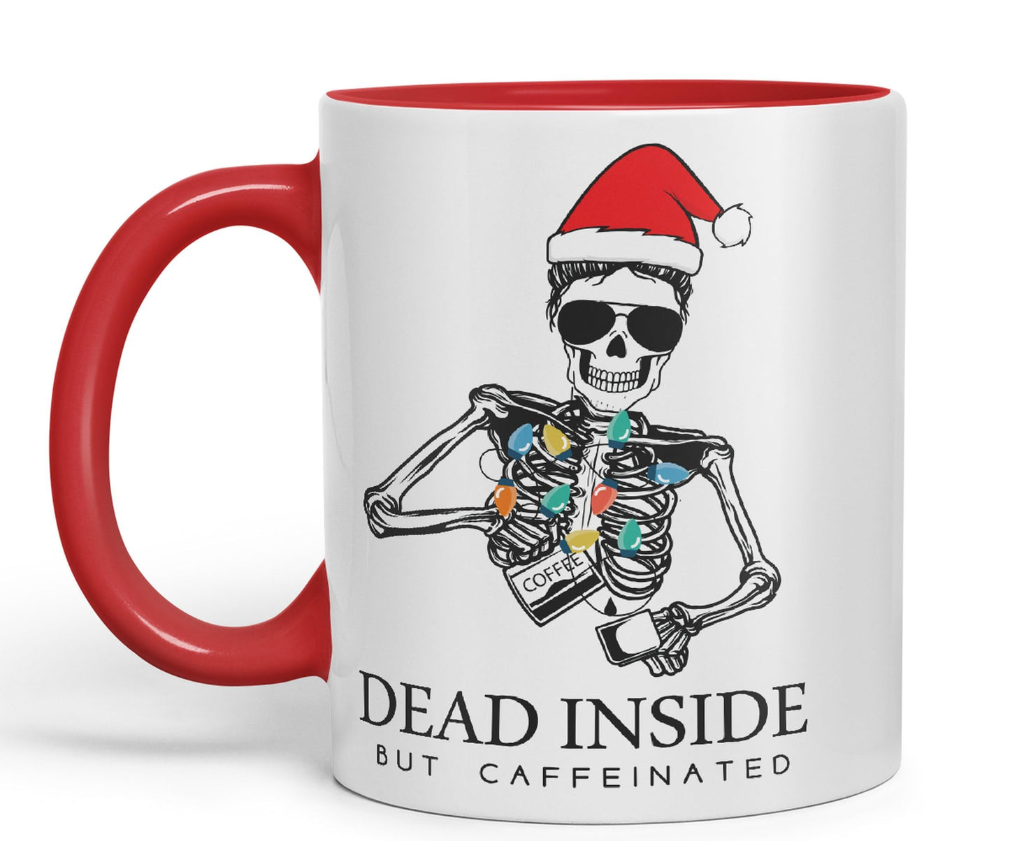 Dead Inside but Coffeinated Christmas Skull Sarcastic Joke Ceramic Coloured Mug Cup for Tea Coffee Hot Brew 330ml 11Oz