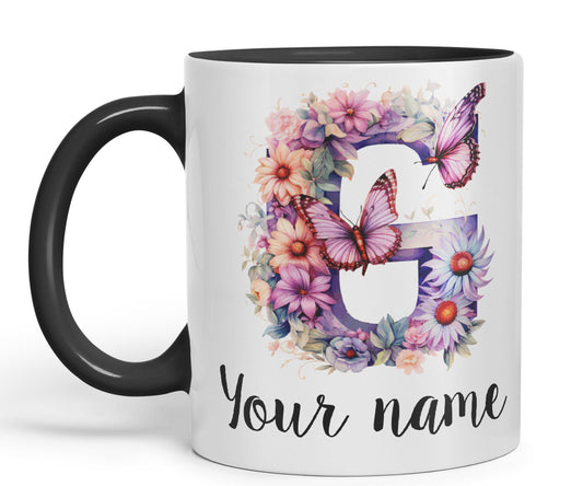 Personalised Letter G mug, Customized Custom Floral flowers butterfly Alphabet Letter G Monogram watercolour Ceramic Coloured Mug Cup for Tea Coffee Hot brew 330ml 11Oz Gift