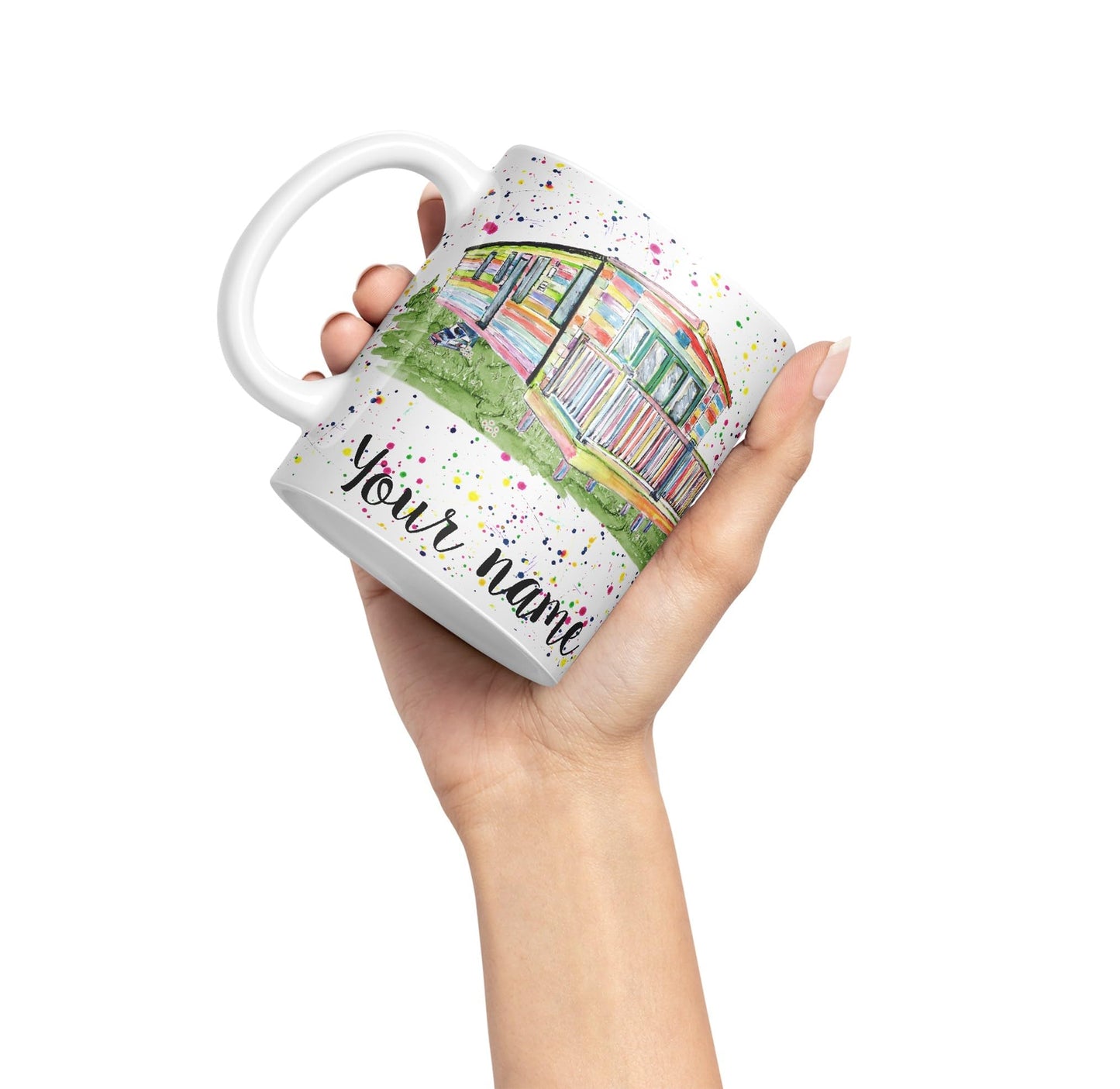 Vixar Personalised with Your Text Watercolour Caravan Static Holiday Homert Coloured Ceramic Mug Cup Gift 330ml 11oz Custom Work Office Tea Coffee