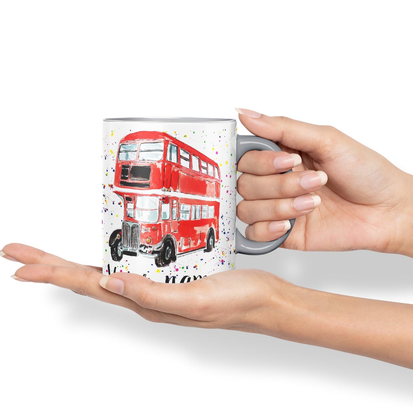 Vixar Personalised with Your Text Red Bus Classic London Busses Watercolour Art Coloured Ceramic Mug Cup Gift 330ml 11oz Custom Work Office Tea Coffe