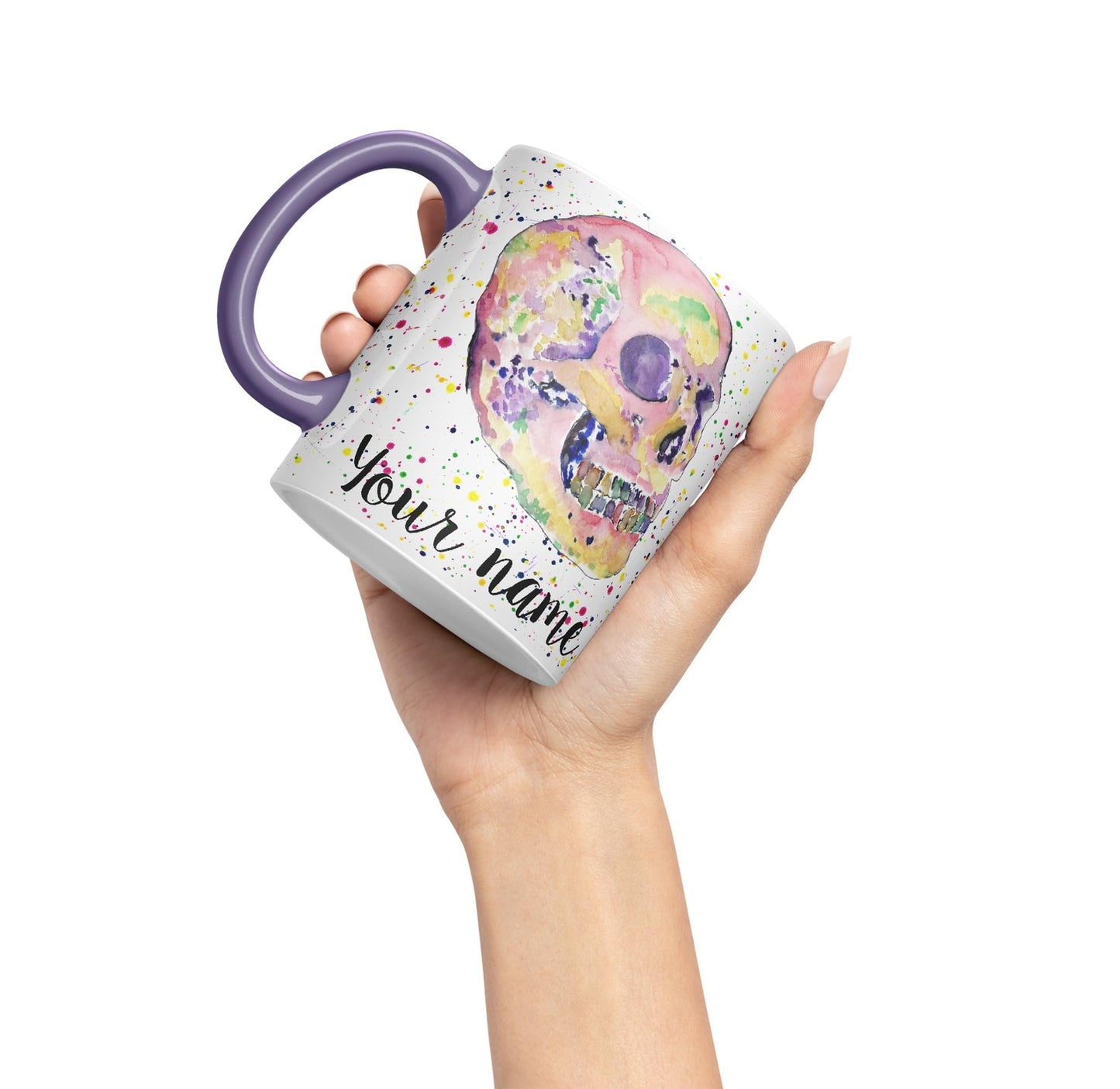 Vixar Personalised with Your Text Skull Watercolour Art Coloured Ceramic Mug Cup Gift 330ml 11oz Custom Work Office Tea Coffee (O2)