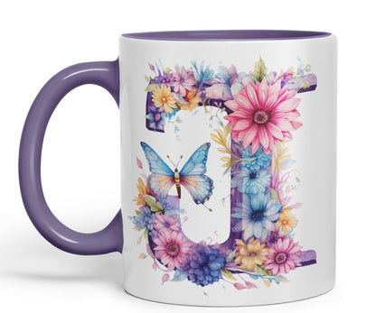 Letter J mug, Floral flowers butterfly Alphabet Letter J Monogram watercolour Ceramic Coloured Mug Cup for Tea Coffee Hot brew 330ml 11Oz Gift