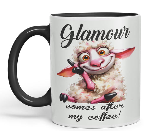 Glamour Comes After My Coffee! Sheep Joke sarkasm Sarcastic Ceramic Coloured Mug Cup for Tea Coffee Hot Brew 330ml 11Oz Gift