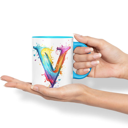 Letter V mug, Alphabet Letter V Monogram watercolour Ceramic Coloured Mug Cup for Tea Coffee Hot brew 330ml 11Oz Gift