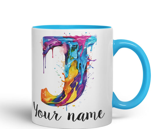 Personalised Letter J mug, Alphabet cusomized custom Letter J Monogram watercolour Ceramic Coloured Mug Cup for Tea Coffee Hot brew 330ml 11Oz Gift