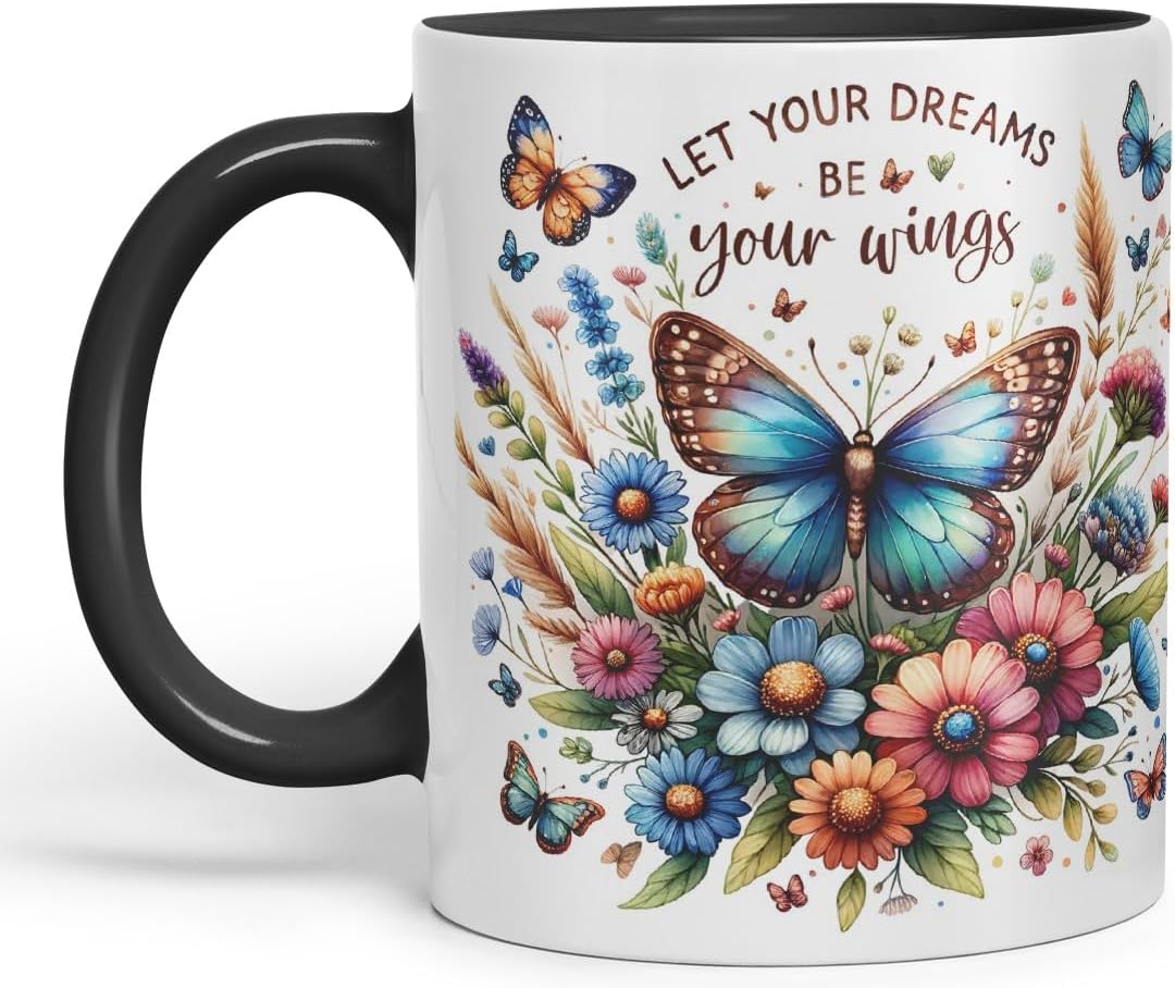Vixar Let Your Dreams Be Your Wings Butterfly Coloured Mug Cup Floral Inspirational Gift 11oz (Black)