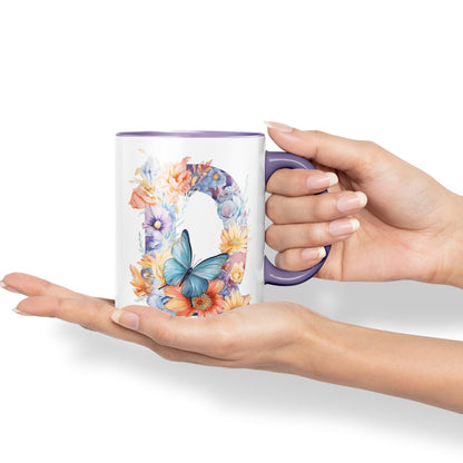 Letter Q mug, Floral flowers butterfly Alphabet Letter Q Monogram watercolour Ceramic Coloured Mug Cup for Tea Coffee Hot brew 330ml 11Oz Gift