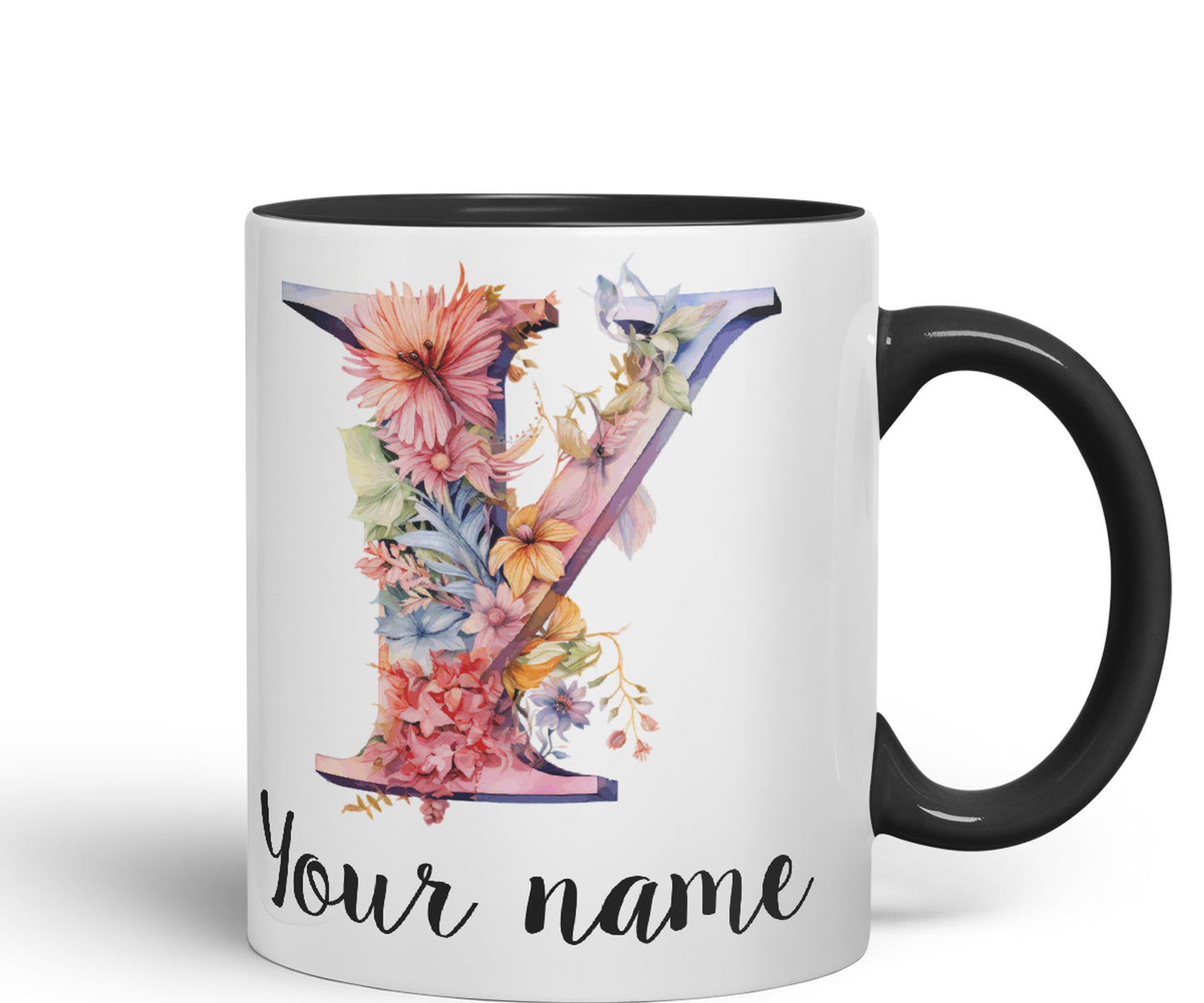 Personalised Letter Y mug, Customized Custom Floral flowers butterfly Alphabet Letter Y Monogram watercolour Ceramic Coloured Mug Cup for Tea Coffee Hot brew 330ml 11Oz Gift