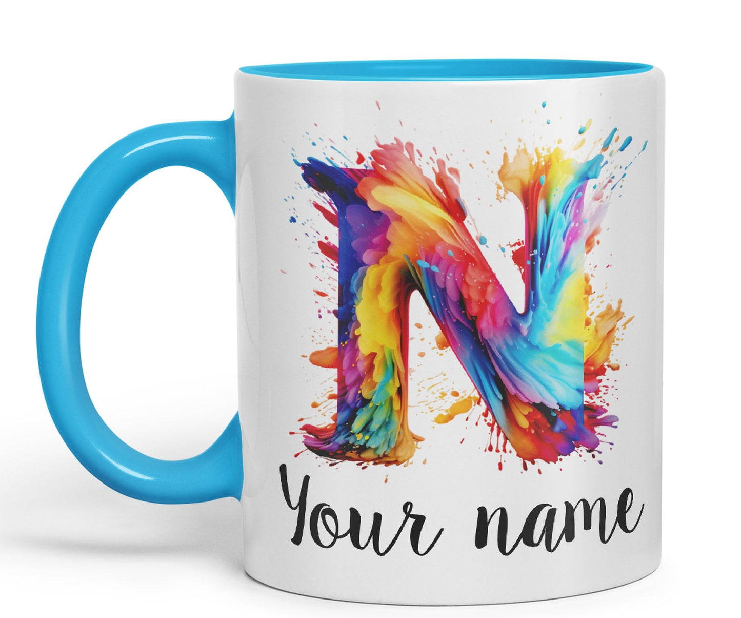 Personalised Letter N mug, Alphabet cusomized custom Letter N Monogram watercolour Ceramic Coloured Mug Cup for Tea Coffee Hot brew 330ml 11Oz Gift