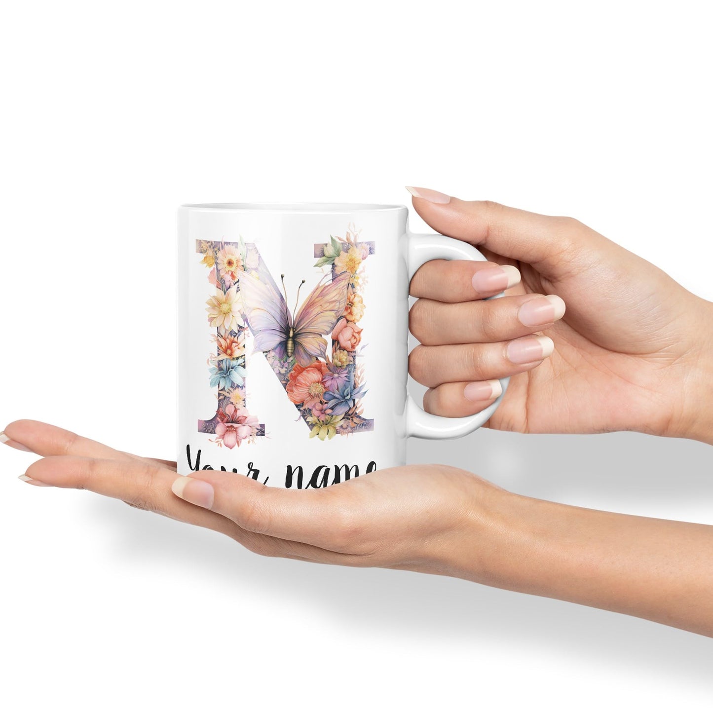 Personalised Letter N mug, Customized Custom Floral flowers butterfly Alphabet Letter N Monogram watercolour Ceramic Coloured Mug Cup for Tea Coffee Hot brew 330ml 11Oz Gift