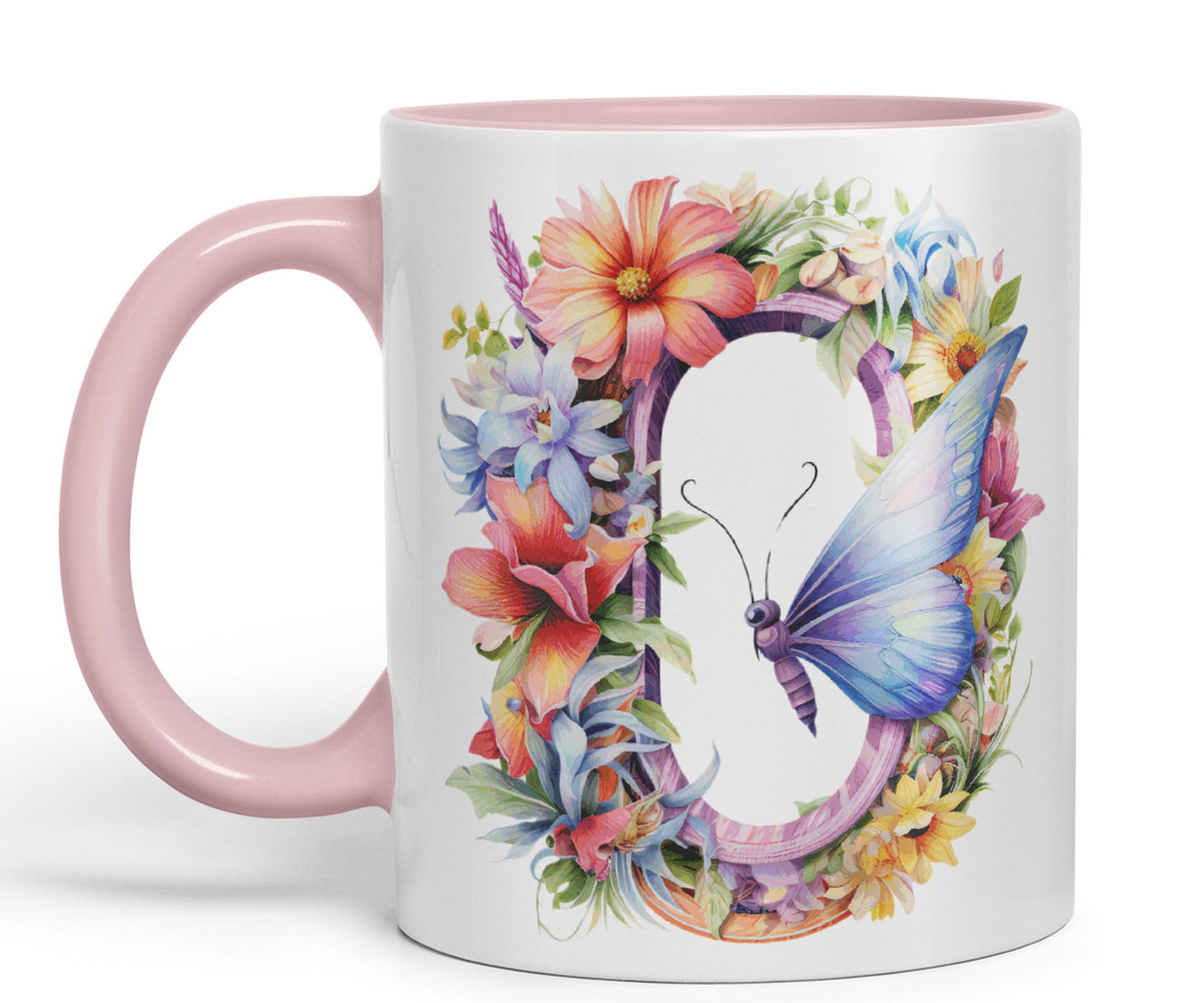 Letter O mug, Floral flowers butterfly Alphabet Letter O Monogram watercolour Ceramic Coloured Mug Cup for Tea Coffee Hot brew 330ml 11Oz Gift