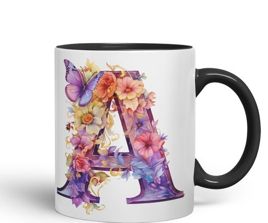 Letter A mug, Floral flowers butterfly Alphabet Letter A Monogram watercolour Ceramic Coloured Mug Cup for Tea Coffee Hot brew 330ml 11Oz Gift