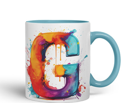 Letter G mug, Alphabet Letter G Monogram watercolour Ceramic Coloured Mug Cup for Tea Coffee Hot brew 330ml 11Oz Gift