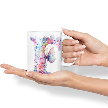 Letter F mug, Floral flowers butterfly Alphabet Letter F Monogram watercolour Ceramic Coloured Mug Cup for Tea Coffee Hot brew 330ml 11Oz Gift