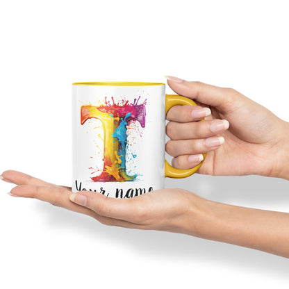 Personalised Letter T mug, Alphabet cusomized custom Letter T Monogram watercolour Ceramic Coloured Mug Cup for Tea Coffee Hot brew 330ml 11Oz Gift