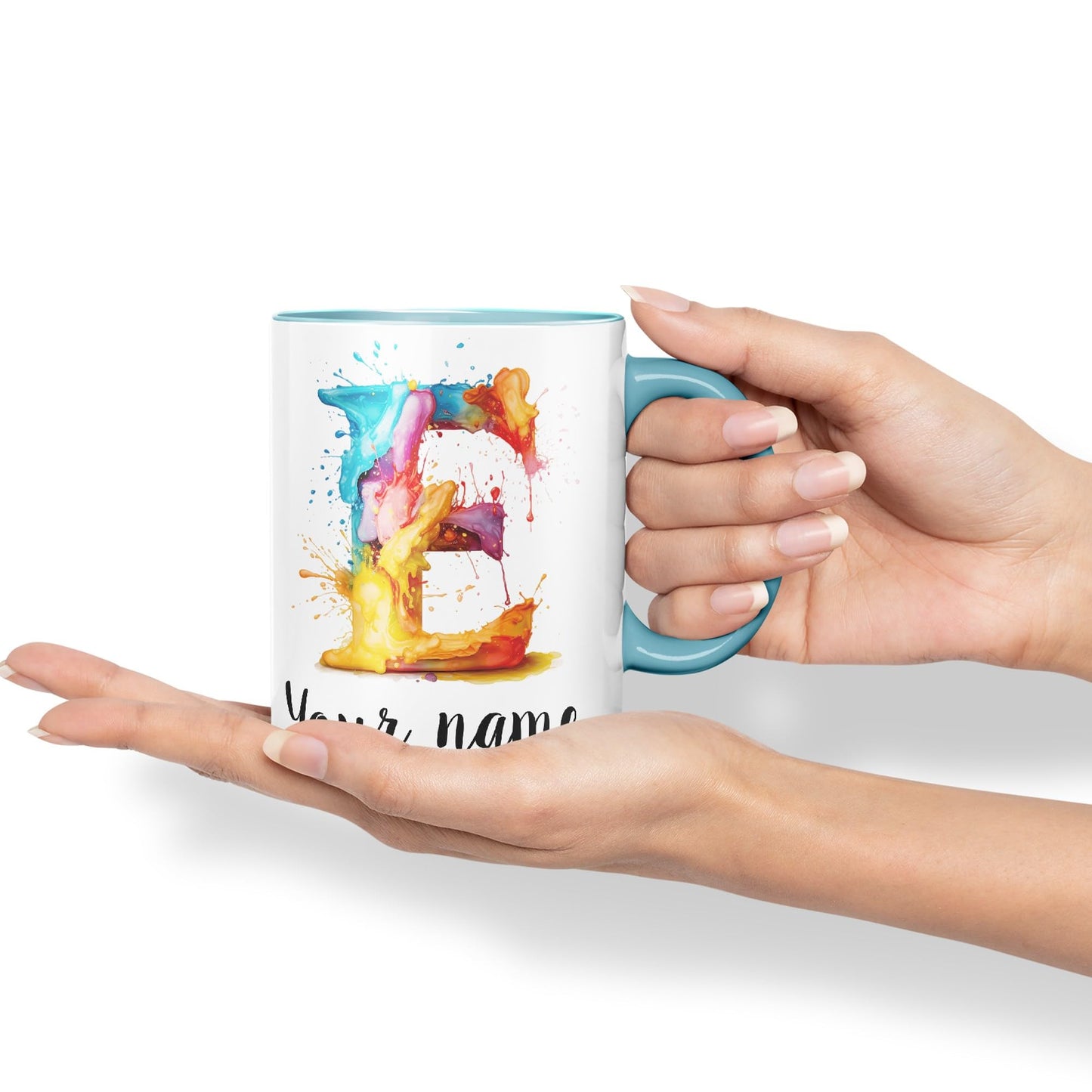 Personalised Letter E mug, Alphabet cusomized custom your Letter E Monogram watercolour Ceramic Coloured Mug Cup for Tea Coffee Hot brew 330ml 11Oz Gift