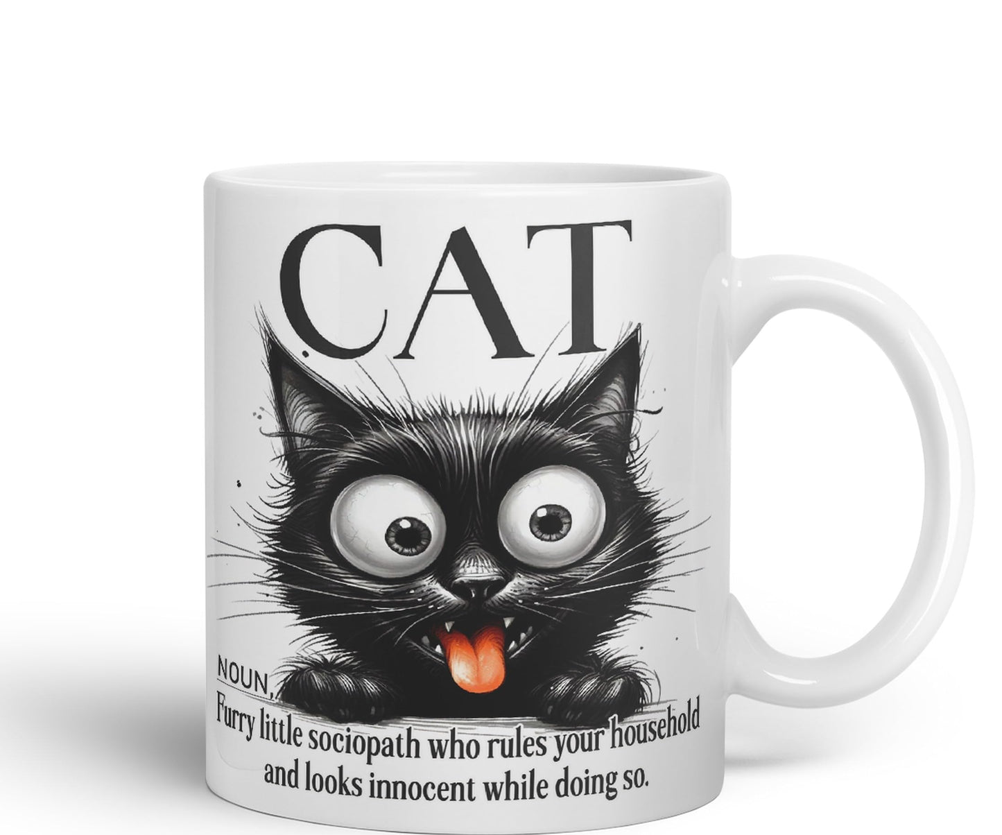 Cat Noun, Furry Little sociapath who Rules Your Household and Looks Innocent White Doing so, Joke sarkasm Sarcastic Ceramic Coloured Mug Cup for Tea Coffee Hot Brew 330ml 11Oz Gift