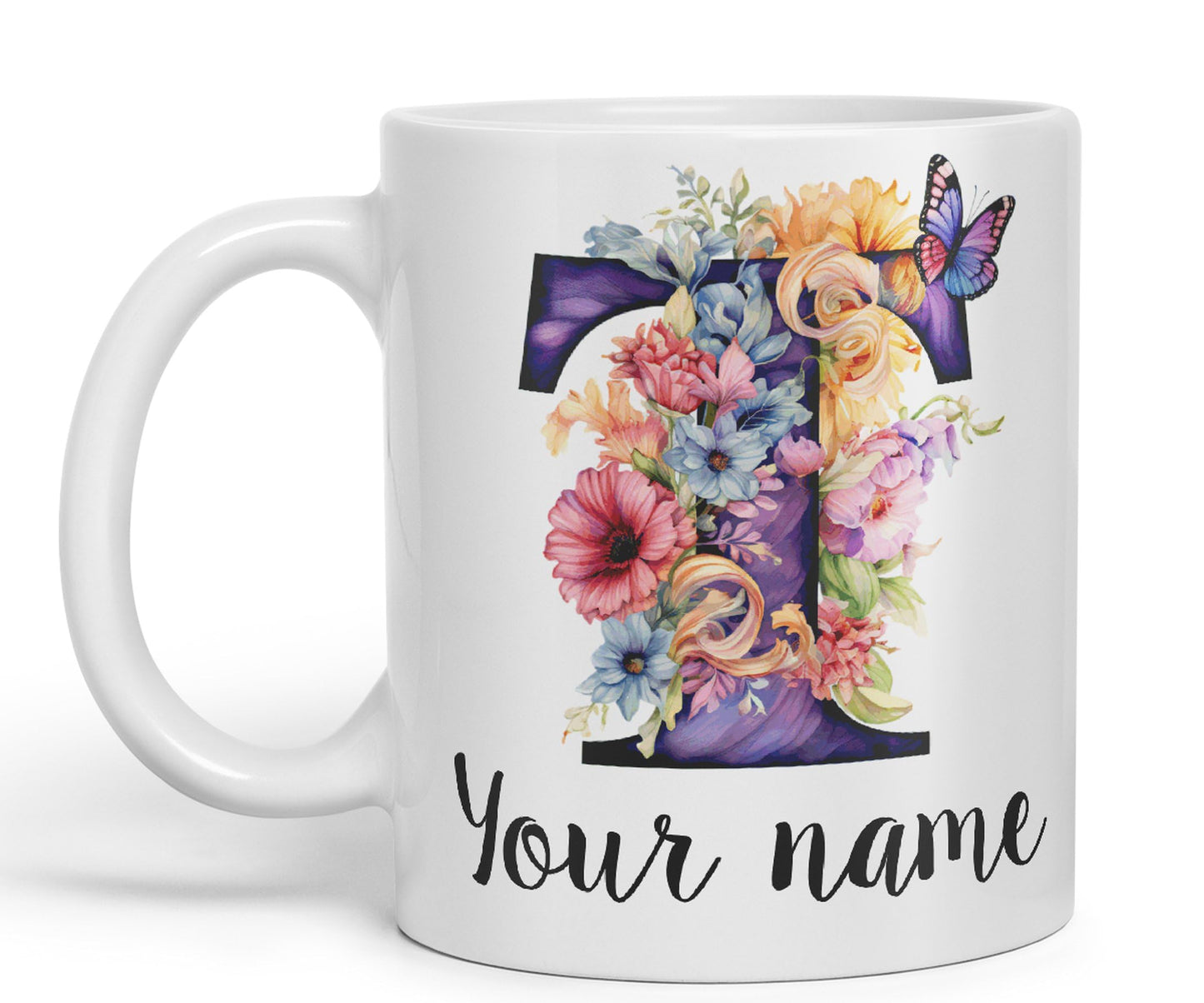 Personalised Letter T mug, Customized Custom Floral flowers butterfly Alphabet Letter T Monogram watercolour Ceramic Coloured Mug Cup for Tea Coffee Hot brew 330ml 11Oz Gift