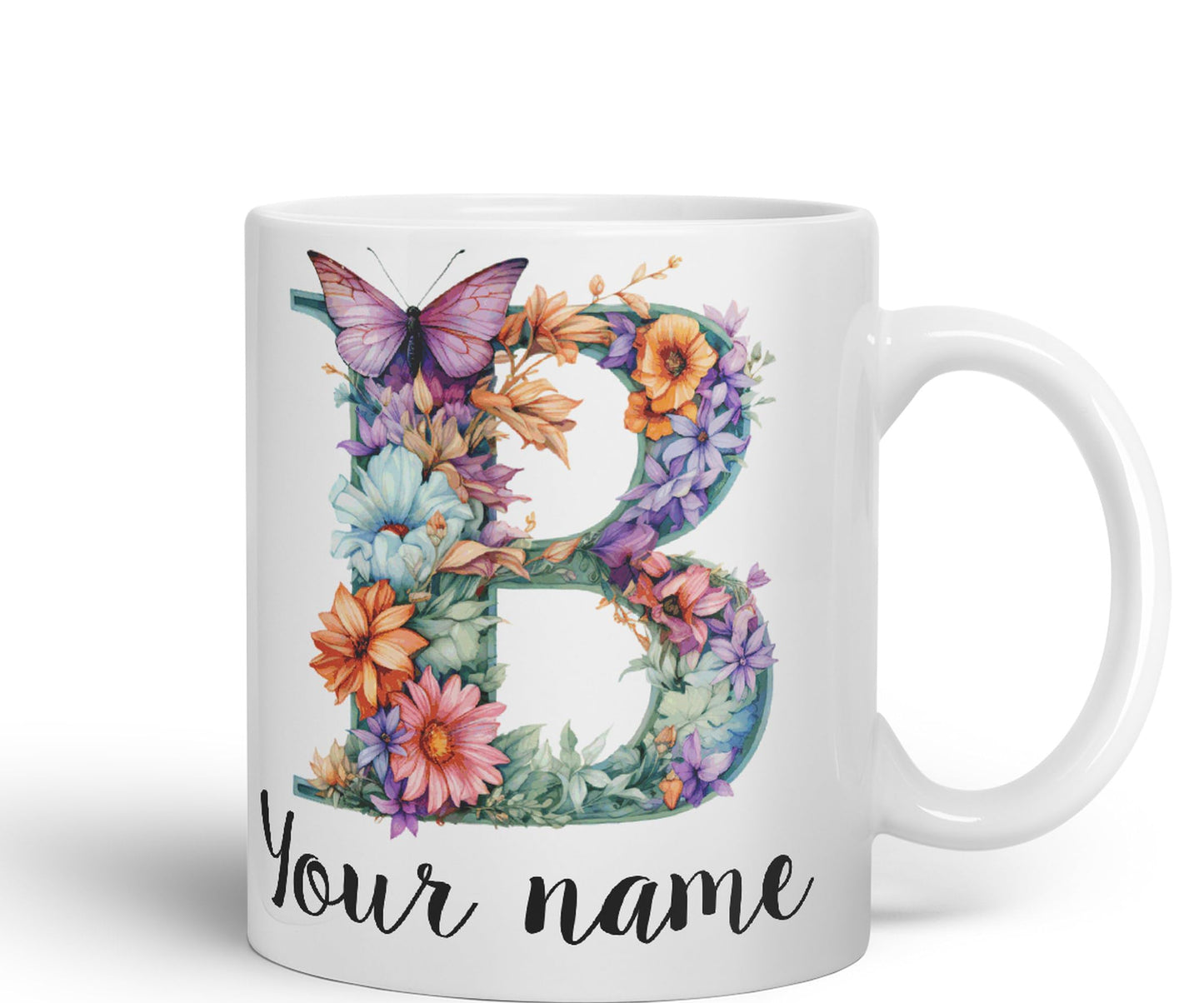 Personalised Letter B mug, Customized Custom Floral flowers butterfly Alphabet Letter B Monogram watercolour Ceramic Coloured Mug Cup for Tea Coffee Hot brew 330ml 11Oz Gift