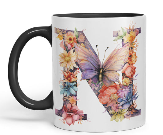 Letter N mug, Floral flowers butterfly Alphabet Letter N Monogram watercolour Ceramic Coloured Mug Cup for Tea Coffee Hot brew 330ml 11Oz Gift