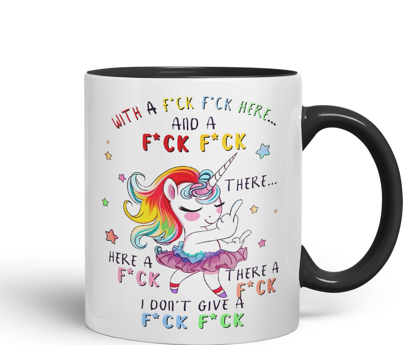 with a f.ck here and… There. I Don't Give a f.ck Unicorn Joke sarkasm Sarcastic Ceramic Coloured Mug Cup for Tea Coffee Hot Brew 330ml 11Oz Gift