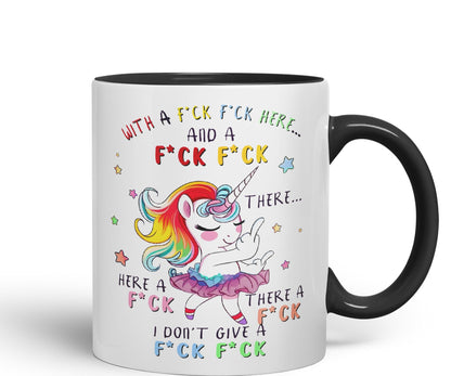 with a f.ck here and… There. I Don't Give a f.ck Unicorn Joke sarkasm Sarcastic Ceramic Coloured Mug Cup for Tea Coffee Hot Brew 330ml 11Oz Gift