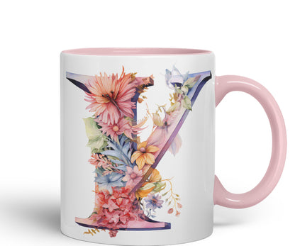 Letter Y mug, Floral flowers butterfly Alphabet Letter Y Monogram watercolour Ceramic Coloured Mug Cup for Tea Coffee Hot brew 330ml 11Oz Gift