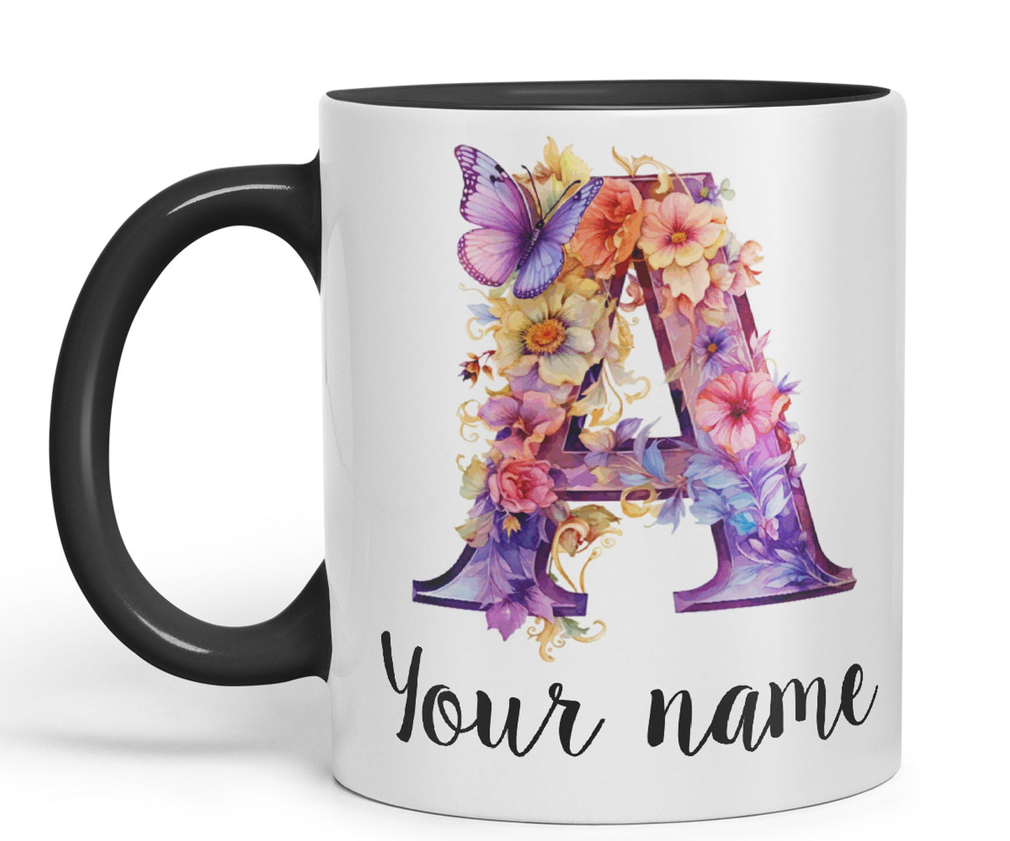 Personalised Letter A mug, Customized Custom Floral flowers butterfly Alphabet Letter A Monogram watercolour Ceramic Coloured Mug Cup for Tea Coffee Hot brew 330ml 11Oz Gift