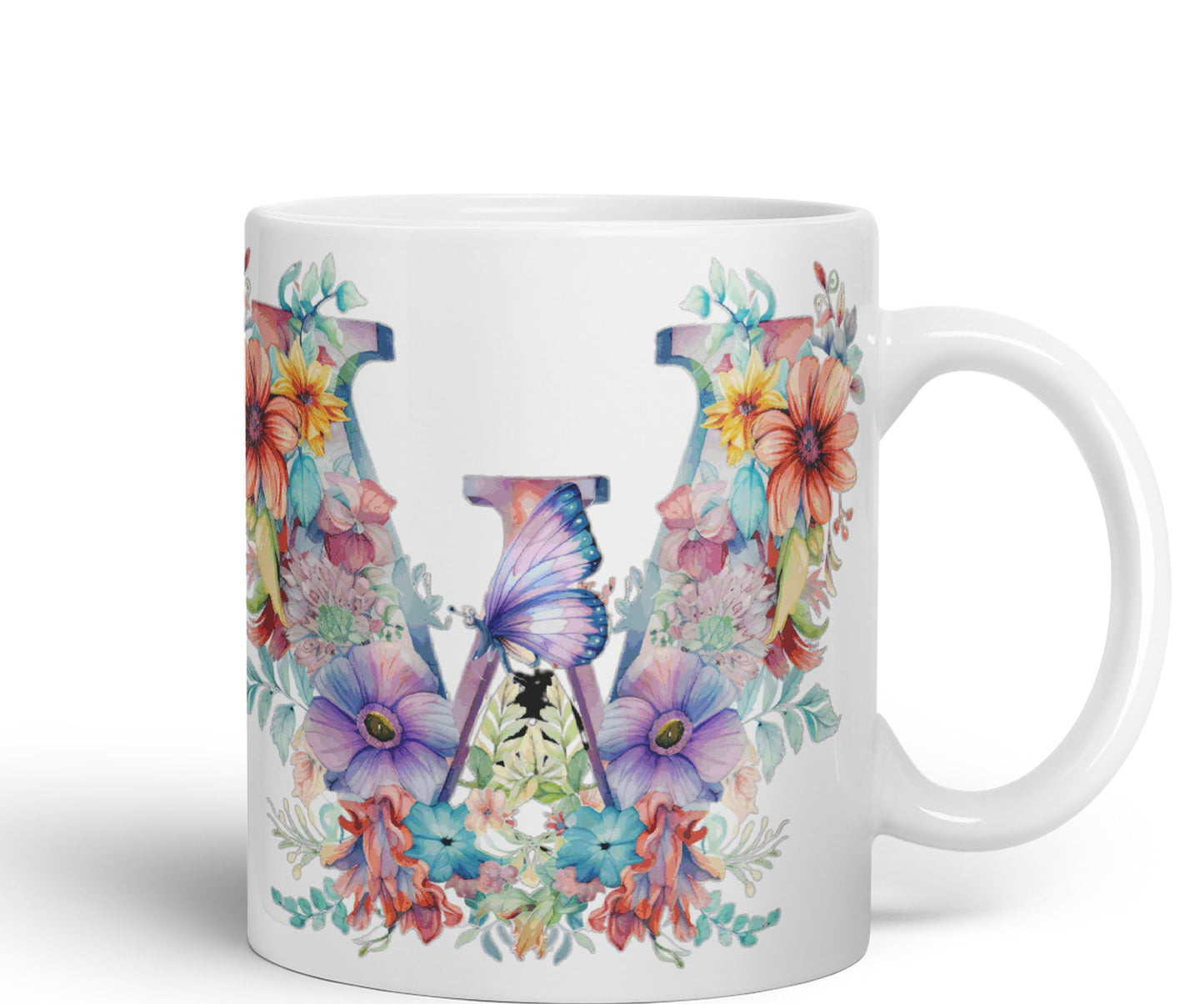 Letter W mug, Floral flowers butterfly Alphabet Letter W Monogram watercolour Ceramic Coloured Mug Cup for Tea Coffee Hot brew 330ml 11Oz