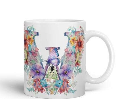 Letter W mug, Floral flowers butterfly Alphabet Letter W Monogram watercolour Ceramic Coloured Mug Cup for Tea Coffee Hot brew 330ml 11Oz