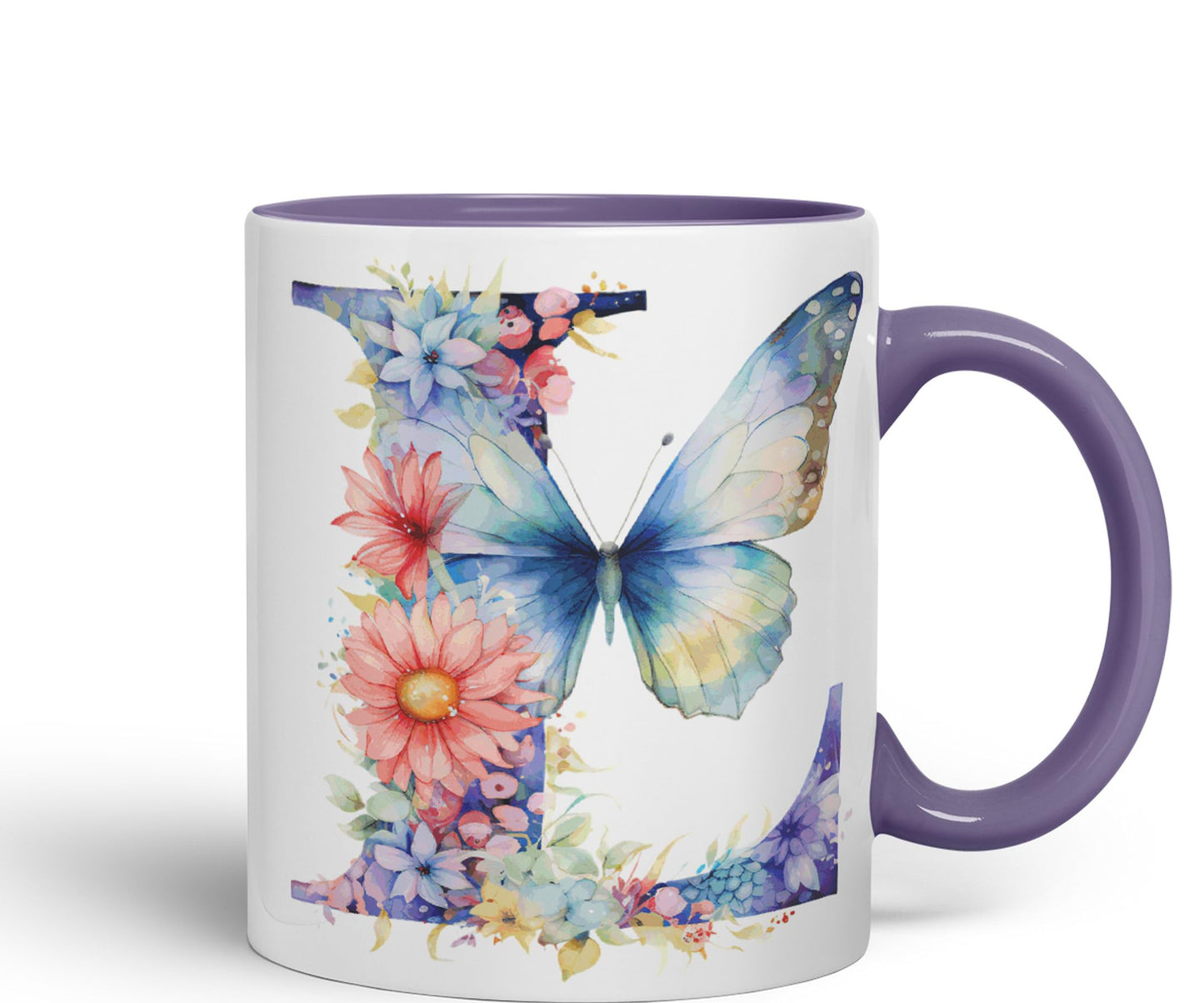 Letter L mug, Floral flowers butterfly Alphabet Letter L Monogram watercolour Ceramic Coloured Mug Cup for Tea Coffee Hot brew 330ml 11Oz Gift