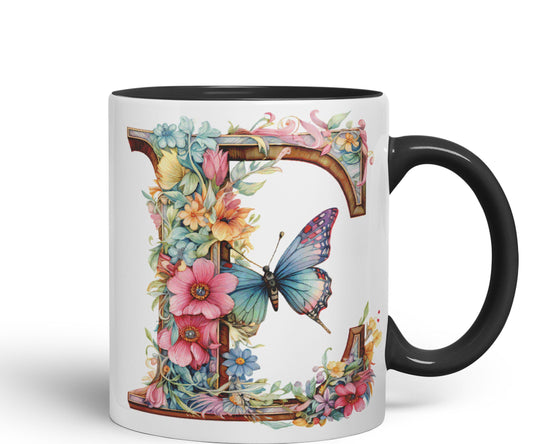 Letter E mug, Floral flowers butterfly Alphabet Letter E Monogram watercolour Ceramic Coloured Mug Cup for Tea Coffee Hot brew 330ml 11Oz Gift