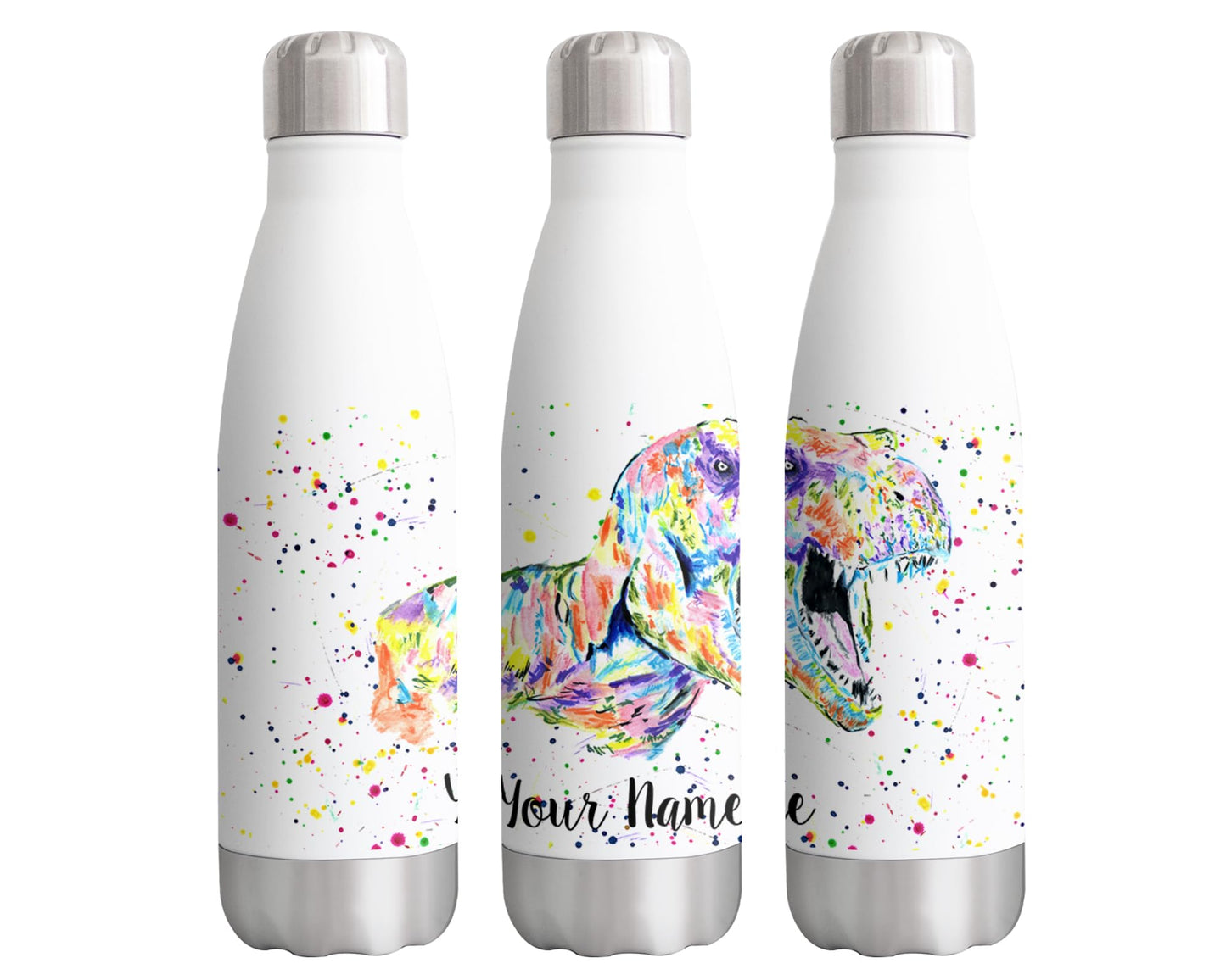 Vixar Dinosaur T-rex dino Personalised Custom Bottle with your Text/name Watercolour Bottle double Wall insulated Stainless steel sport Drinks 500ml v1