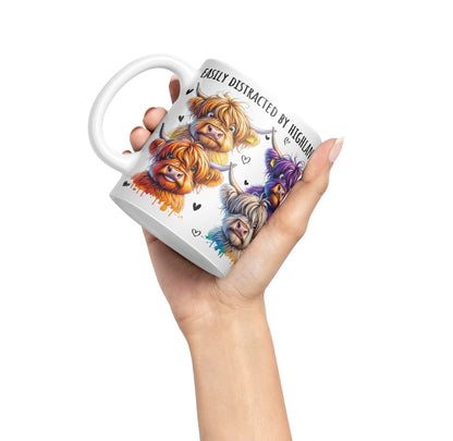 Easily Distracted by Highland Cows Scottish Farm Animals Ceramic Coloured Mug Cup for Tea Coffee Hot Brew 330ml 11Oz Gift