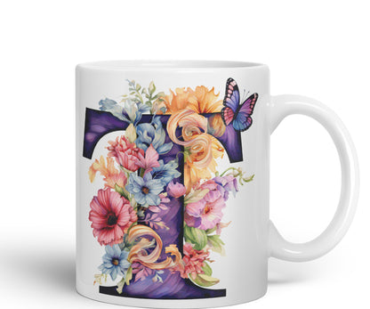 Letter T mug, Floral flowers butterfly Alphabet Letter T Monogram watercolour Ceramic Coloured Mug Cup for Tea Coffee Hot brew 330ml 11Oz Gift