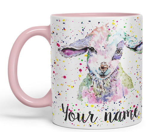 Vixar Personalised with Your Text Lamb Sheep Hogget Farm Animals Watercolour Art Coloured Ceramic Mug Cup Gift 330ml 11oz Custom Work Office Tea Coffee