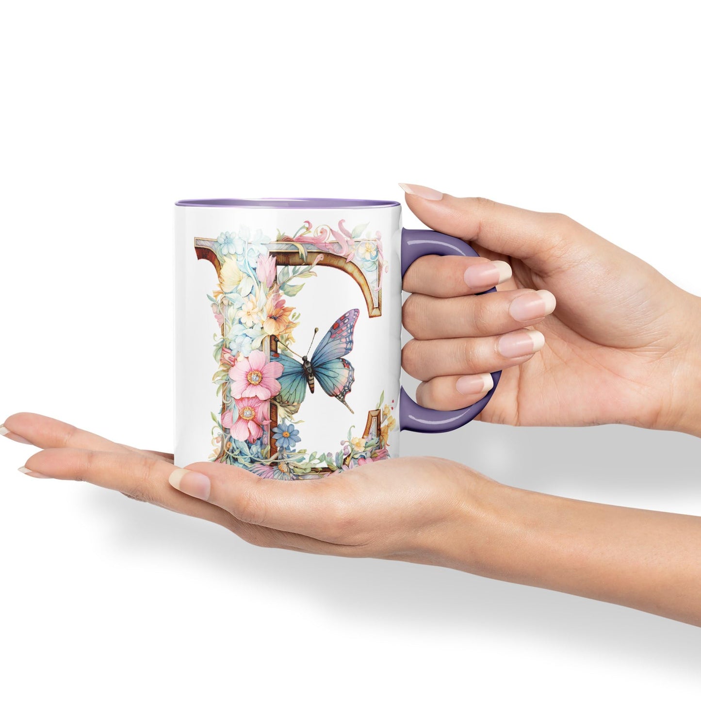 Letter E mug, Floral flowers butterfly Alphabet Letter E Monogram watercolour Ceramic Coloured Mug Cup for Tea Coffee Hot brew 330ml 11Oz Gift