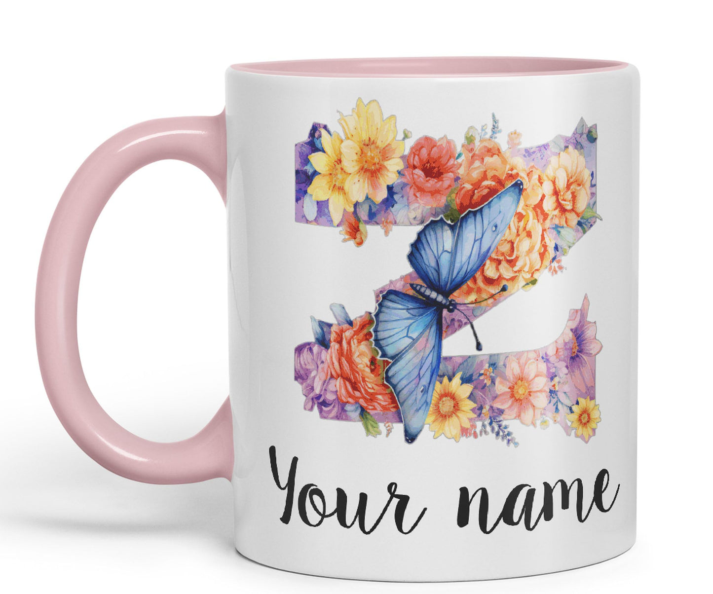 Personalised Letter Z mug, Customized Custom Floral flowers butterfly Alphabet Letter Z Monogram watercolour Ceramic Coloured Mug Cup for Tea Coffee Hot brew 330ml 11Oz Gift