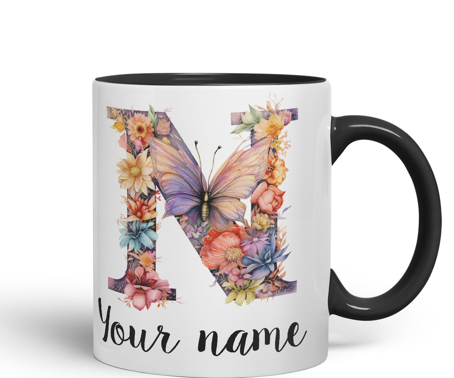 Personalised Letter N mug, Customized Custom Floral flowers butterfly Alphabet Letter N Monogram watercolour Ceramic Coloured Mug Cup for Tea Coffee Hot brew 330ml 11Oz Gift