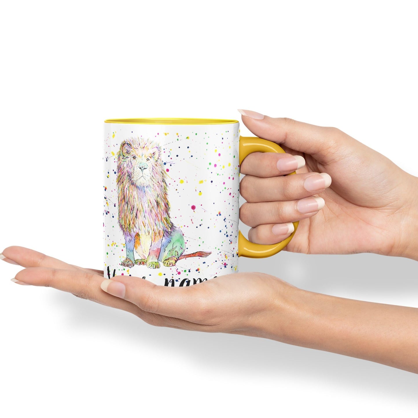 Vixar Personalised with Your Text Lion Cat King Safari Animals Watercolour Art Coloured Ceramic Mug Cup Gift 330ml 11oz Custom Work Office Tea Coffee