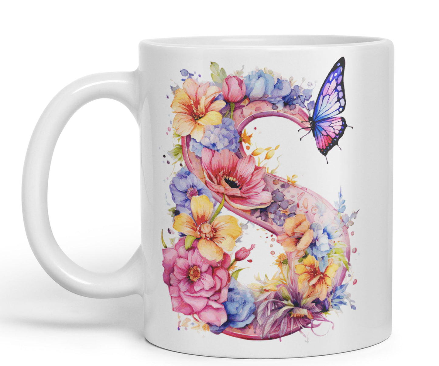 Letter S mug, Floral flowers butterfly Alphabet Letter S Monogram watercolour Ceramic Coloured Mug Cup for Tea Coffee Hot brew 330ml 11Oz Gift