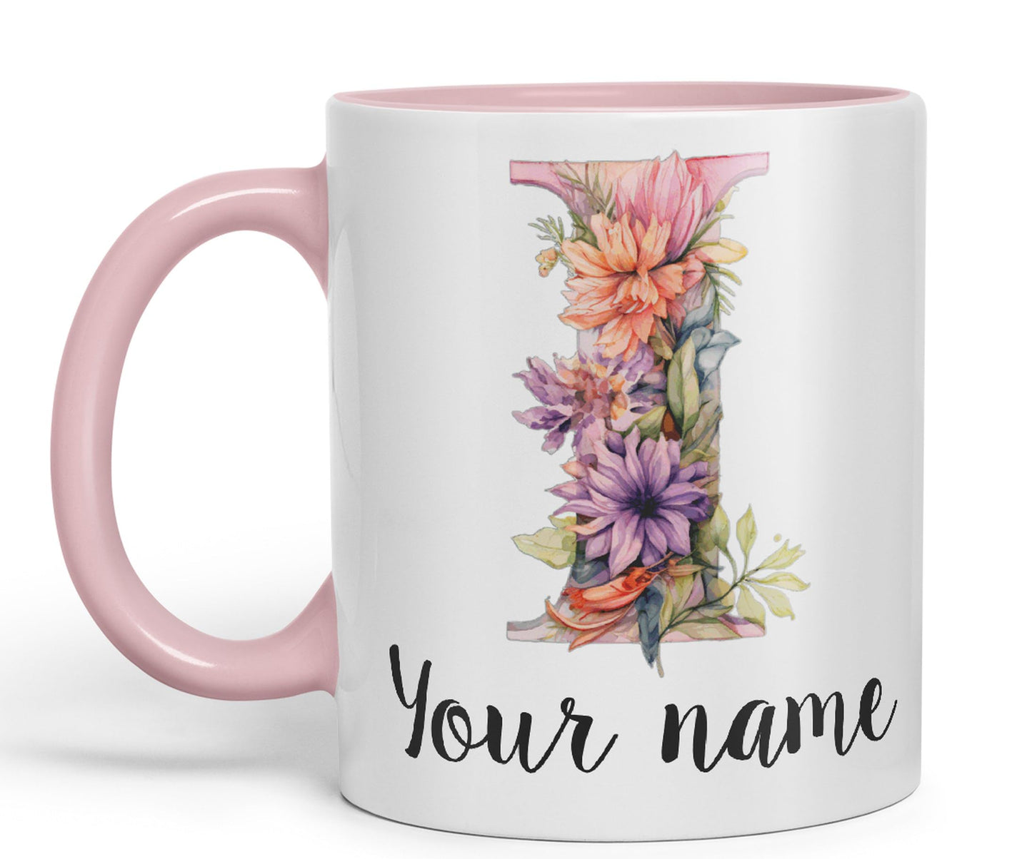 Personalised Letter I mug, Customized Custom Floral flowers butterfly Alphabet Letter I Monogram watercolour Ceramic Coloured Mug Cup for Tea Coffee Hot brew 330ml 11Oz Gift