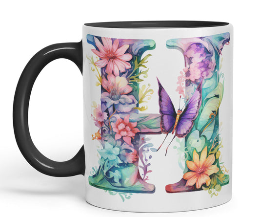 Letter H mug, Floral flowers butterfly Alphabet Letter H Monogram watercolour Ceramic Coloured Mug Cup for Tea Coffee Hot brew 330ml 11Oz Gift