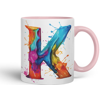 Letter K mug, Alphabet Letter K Monogram watercolour Ceramic Coloured Mug Cup for Tea Coffee Hot brew 330ml 11Oz Gift