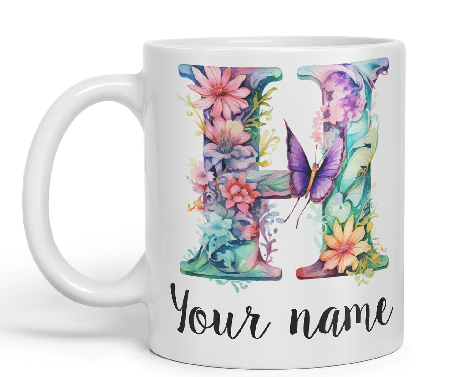 Personalised Letter H mug, Customized Custom Floral flowers butterfly Alphabet Letter H Monogram watercolour Ceramic Coloured Mug Cup for Tea Coffee Hot brew 330ml 11Oz Gift