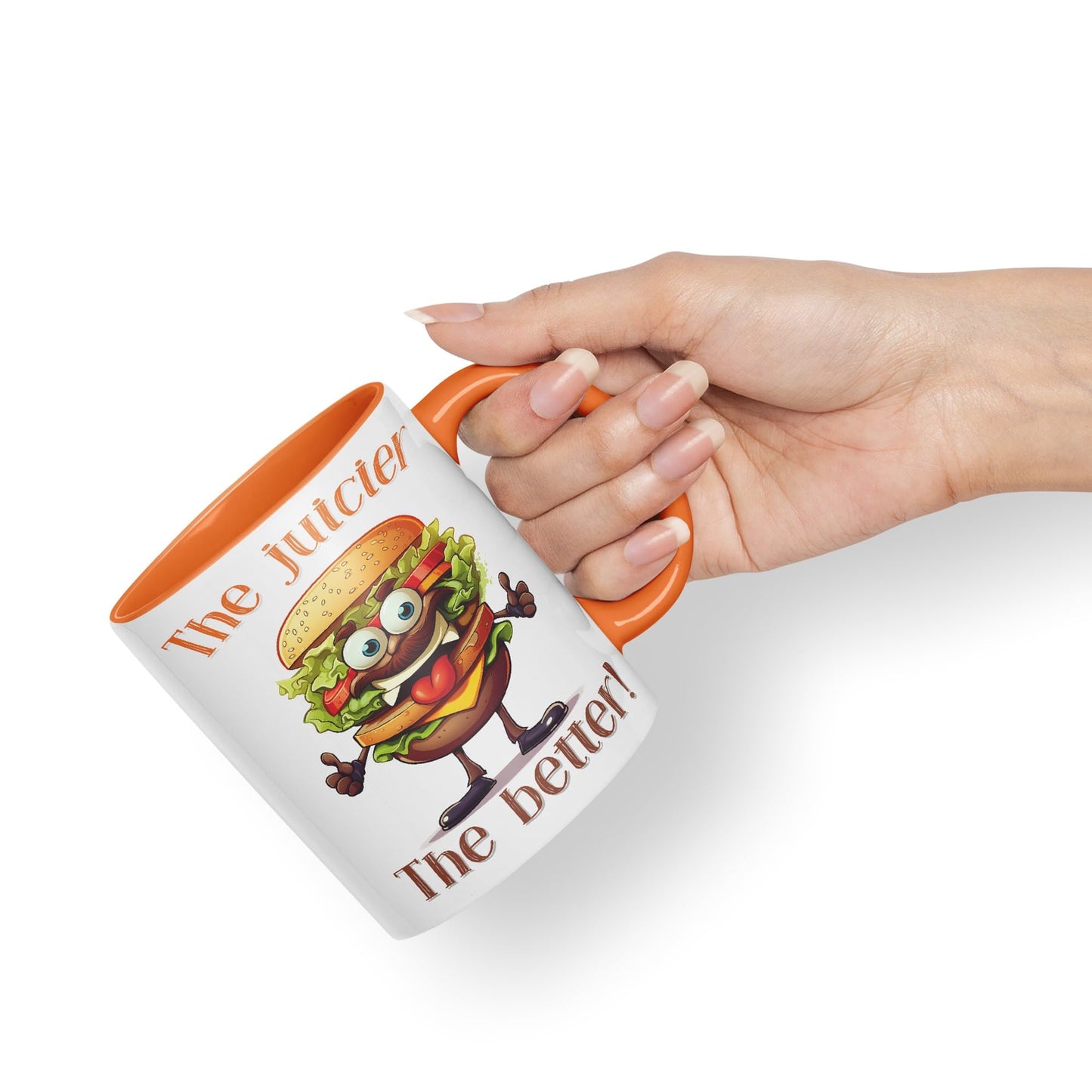 The Juicier The Better Burger, Joke sarkasm Sarcastic Ceramic Coloured Mug Cup for Tea Coffee Hot Brew 330ml 11Oz Gift