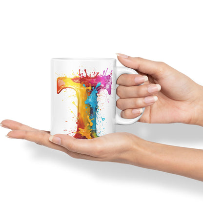 Letter T mug, Alphabet Letter T Monogram watercolour Ceramic Coloured Mug Cup for Tea Coffee Hot brew 330ml 11Oz Gift